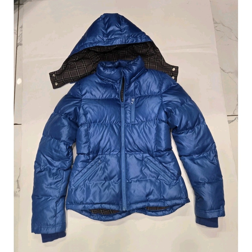 H&M Divided Women's Blue Puffer Jacket Hooded 90% Down Filled Plaid Lining Small